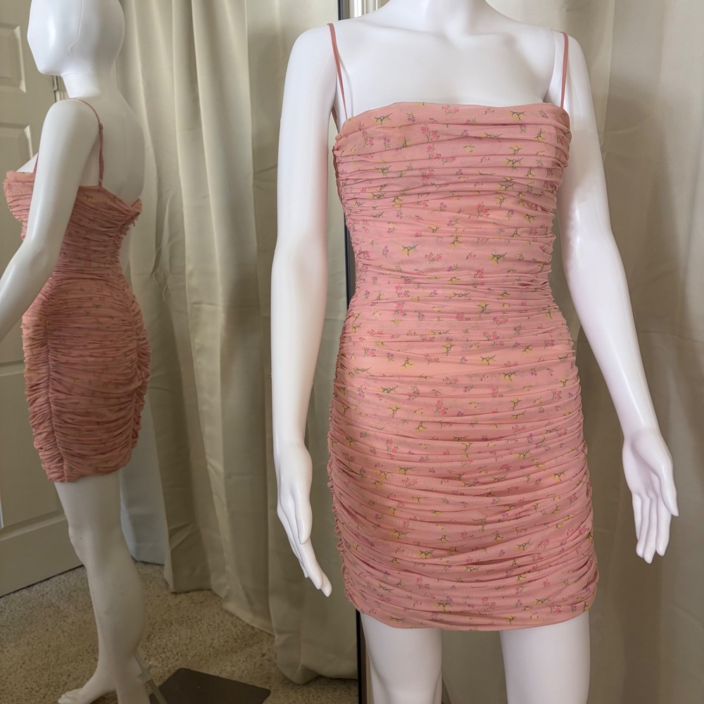 House of CB Ella London Pink Floral Mesh Mini Dress Bodycon Spaghetti Strap M